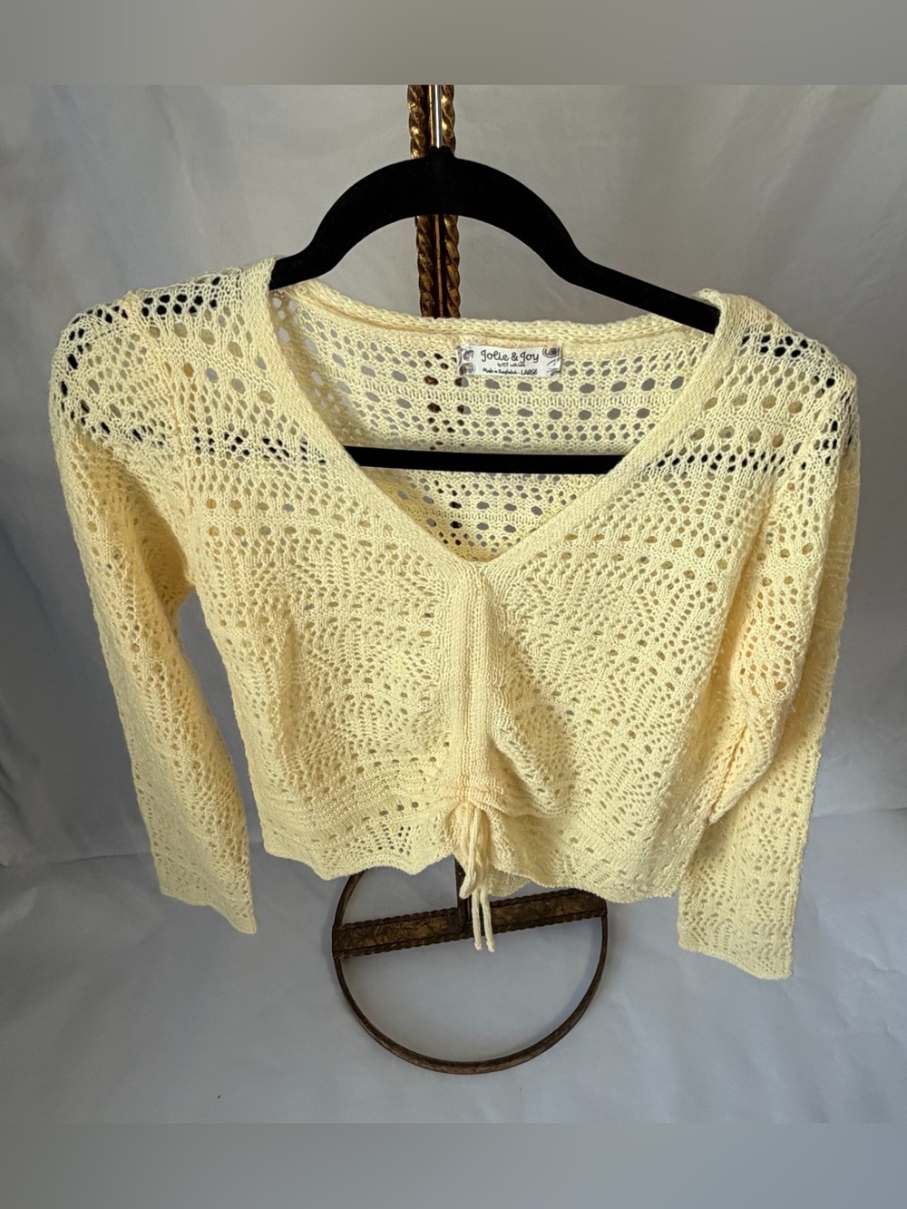 Jolie & Joy Yellow Open Knit Crochet Cropped Sweater Ruched Drawstring Front L